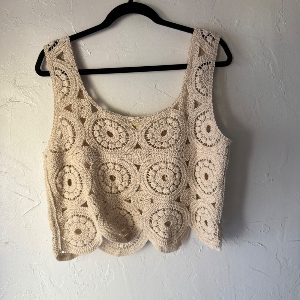 Rebellion Crochet Tank Top Cream Sleeveless Festival Boho Women's L - Picture 8 of 8